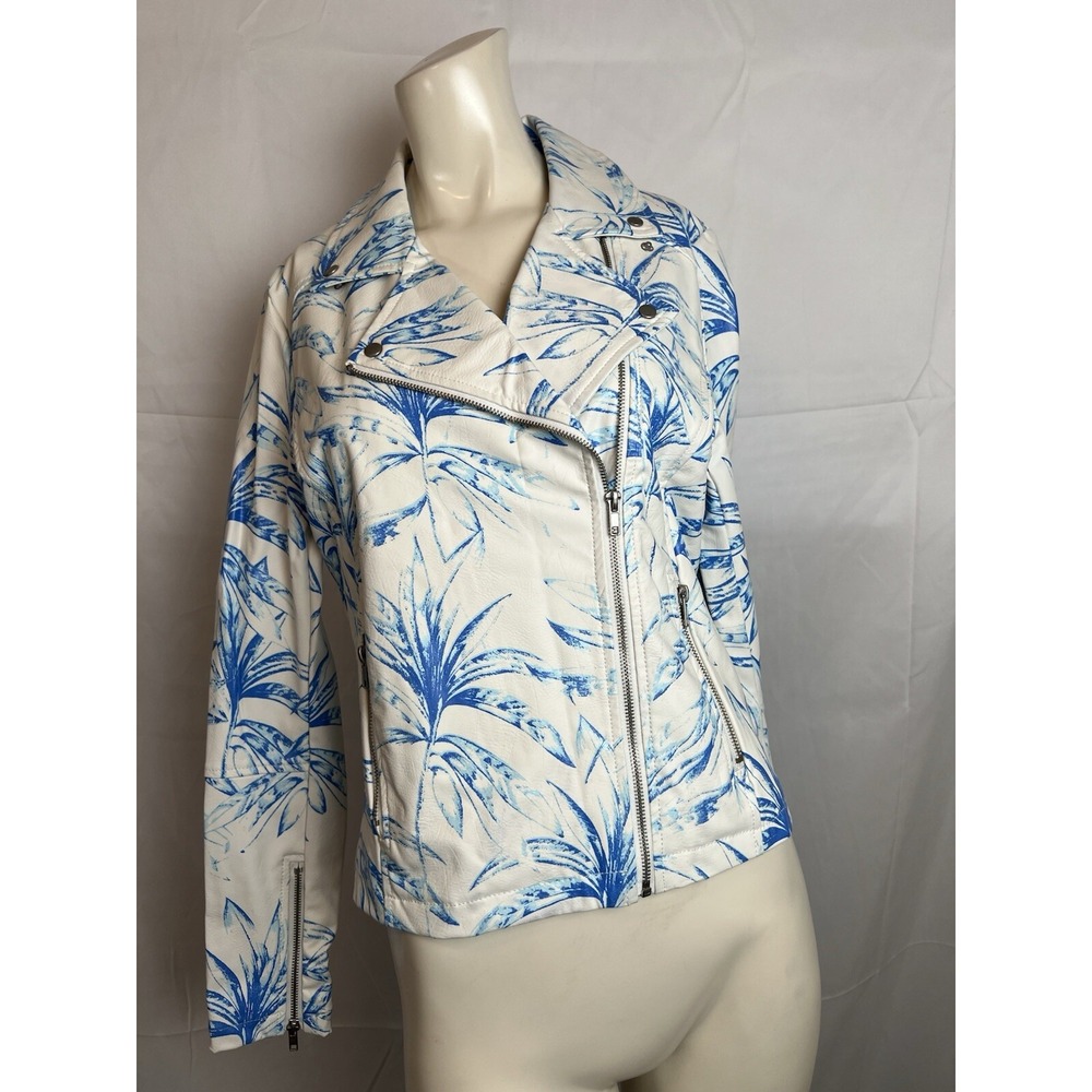 LYSSE Faux Leather Blue Palms Classic Moto Jacket 651671-J Small NEW